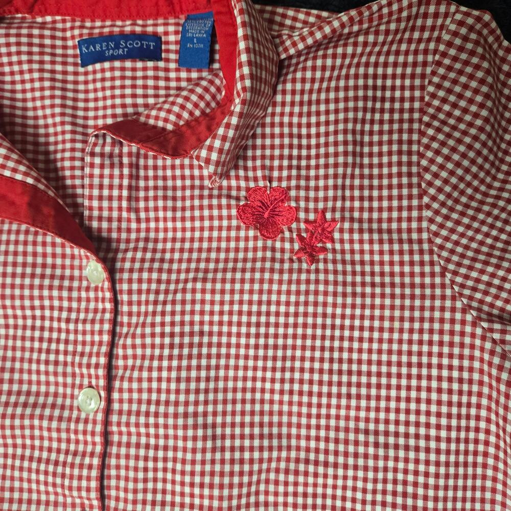 VTG Karen Scott Sport Gingham Button Down Red & White Floral Shirt - Size Large